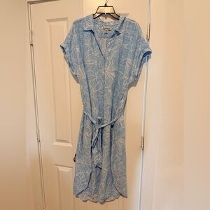 Tommy Bahama Blue Leaf-Print Midi Shirt Dress